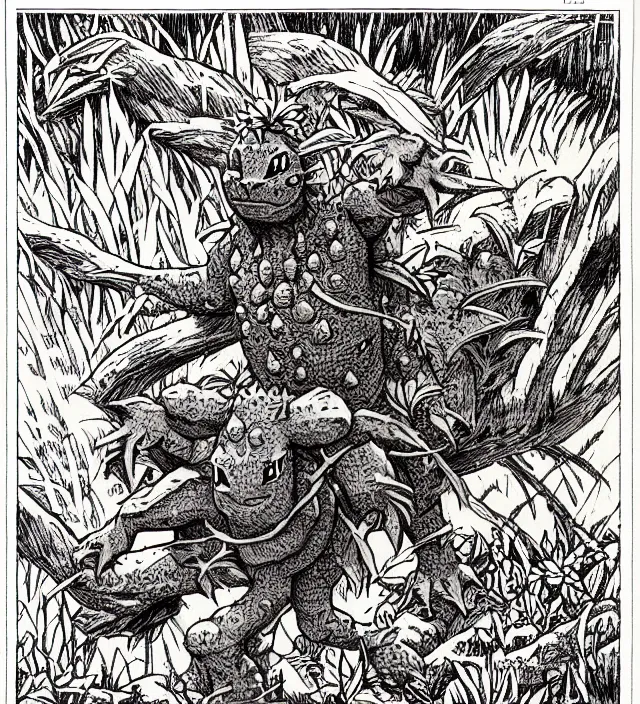 Image similar to ivysaur as a d & d monster, full body, pen - and - ink illustration, etching, by russ nicholson, david a trampier, larry elmore, 1 9 8 1, hq scan, intricate details, stylized border