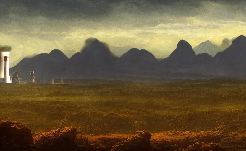 Prompt: nuclear powerplant in a field, close up shot, rocky, at dusk, distant mountains, 4k, rule of thirds, extreme detail, hazy, intricate ink illustration, surreal, surrealist, trending on artstation, cgsociety, hd, calm, complimentary colours, realistic lighting, by Albert Bierstadt, Frederic Edwin Church.