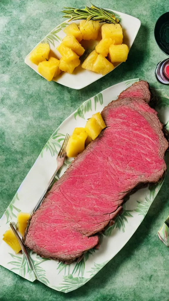 Image similar to 6 0 s food photography of a slab of roast beef, covered in jelly and pineapples, tropical vibes, on a velvet table cloth, soft focus