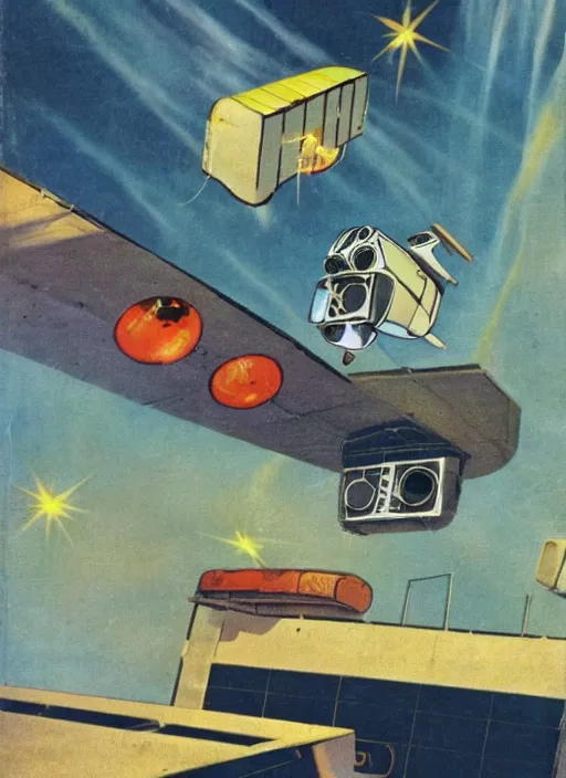 Prompt: Flying loaf of bread and flying toaster, interior of deserted derelict space station, 60s sci-fi book cover