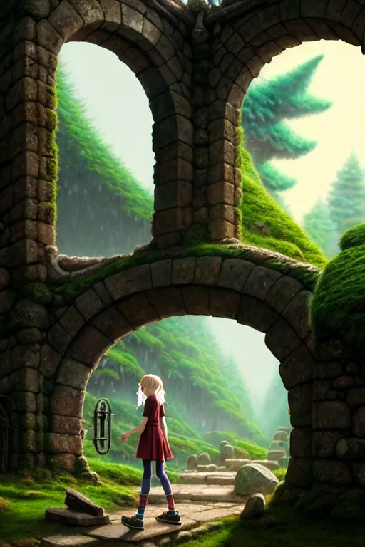 Prompt: a highly detailed matte painting of a teenager with shaggy hair and hip clothes standing in front of a stone gate in the elven forest ruins, by studio ghibli, by artgerm, by wlop, by greg rutkowski, red tones, volumetric lighting, octane render, 4 k resolution, trending on artstation, masterpiece