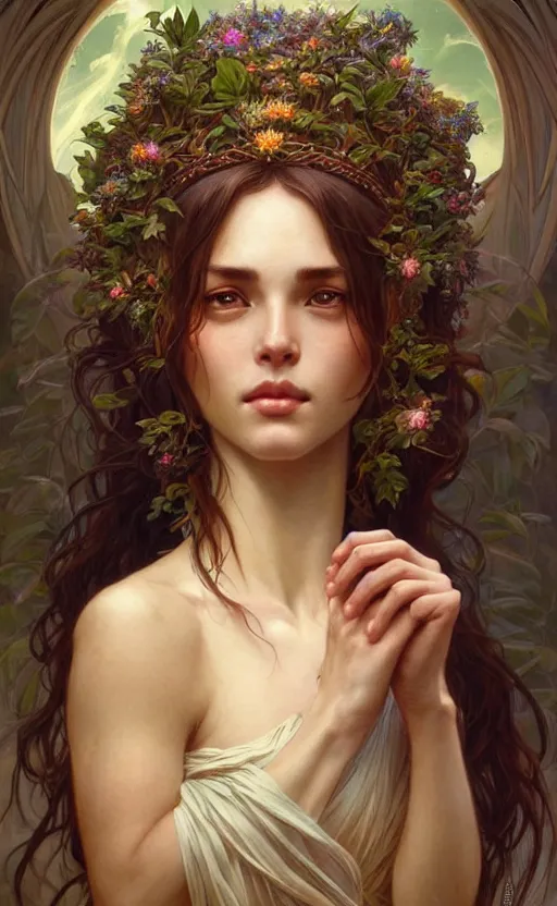 Image similar to portrait of a goddess of nature!, half body, perfect face!!, d & d, fantasy, intricate, elegant, highly detailed, digital painting, artstation, concept art, smooth, sharp focus, illustration, art by artgerm and greg rutkowski and alphonse mucha