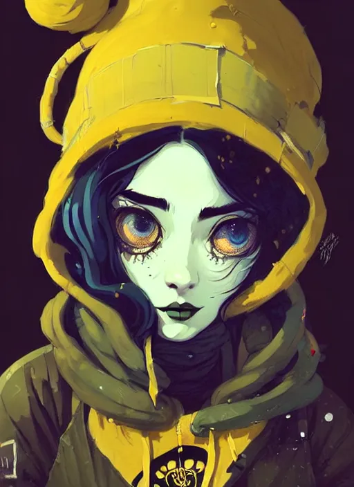 Prompt: highly detailed portrait of a sewerpunk student lady, blue eyes, hoody, beanie hat, black curly hair by atey ghailan, by joe fenton, by greg rutkowski, by greg tocchini, by kaethe butcher, gradient yellow, black, brown and cyan color scheme, grunge aesthetic!!! ( ( dystopian graffiti tag wall background ) )