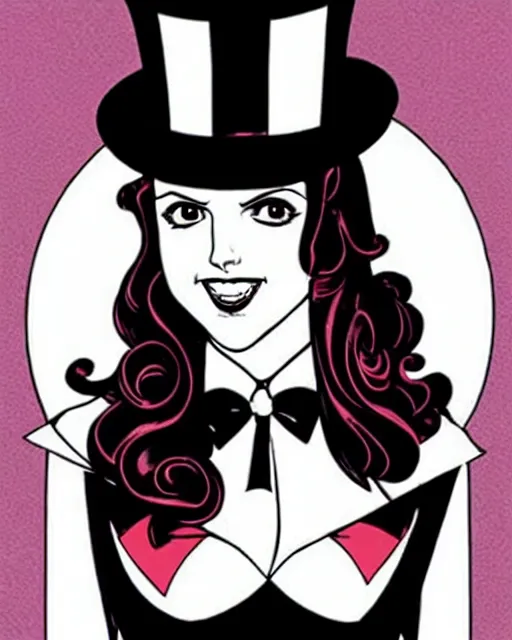 Image similar to beautiful Anna Kendrick Zatanna DC Comics floating on stage, wearing a top hat, symmetrical face symmetrical eyes, smiling, intricate details, atmospheric, art by eiichiro oda, Joshua Middleton art