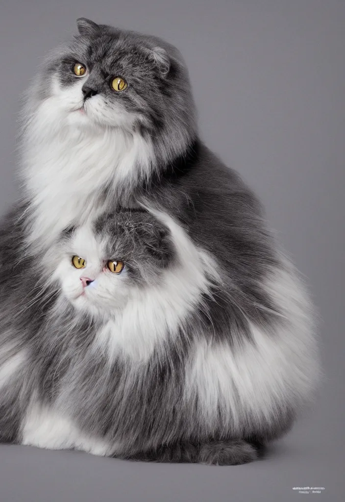 Image similar to longhair floof fluffy coiffed groom elegant gorgeously cfa champion cute pretty scottish fold cat, radiant sigma 3 5 mm f / 8 detailed painting, grisaille dark monochrome with neon fluorescent color airbrush spraypaint accents, by jules julien, wes anderson, lisa frank, octane render 4 k
