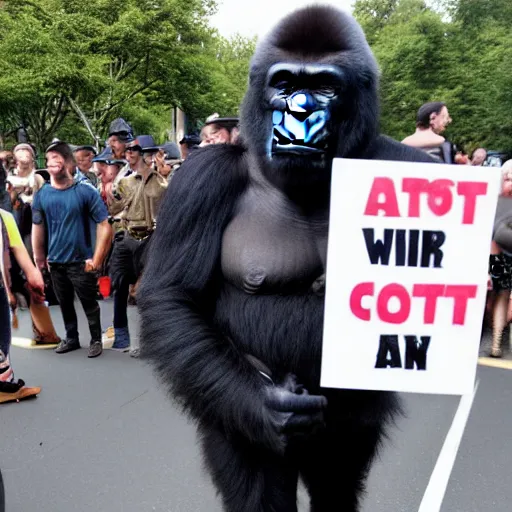 Image similar to A gorilla at an anti-war protest, wearing a kilt