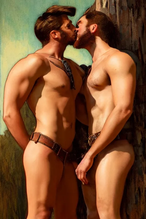 Prompt: a homoerotic symmetrical painting by clyde aspevig, greg rutkowski, gaston bussiere, j. c. leyendecker of attractive hairy gunslinger and handsome cowboy wearing leather pants, they are in love standing back to back | bandoliers, shirtless | natural lighting, path traced, highly detailed, high quality, tom of finland, trending on artstation