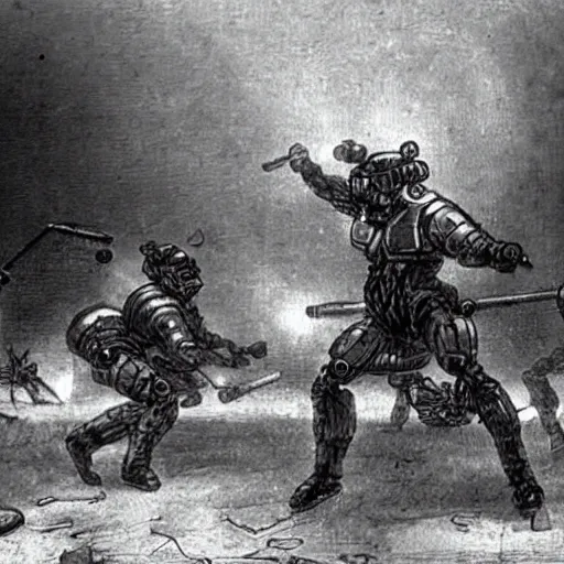 Image similar to grainy 1800s photo of a cybernetic warriors destroying buildings using energy balls in a smoky city