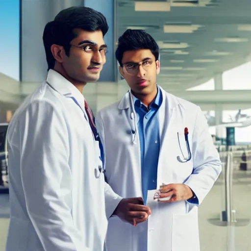 Image similar to Anxious good looking young Indian doctors in American clothes waiting at an airport, by Feng Zhu, highly detailed, excellent composition, cinematic concept art, dramatic lighting, trending on ArtStation