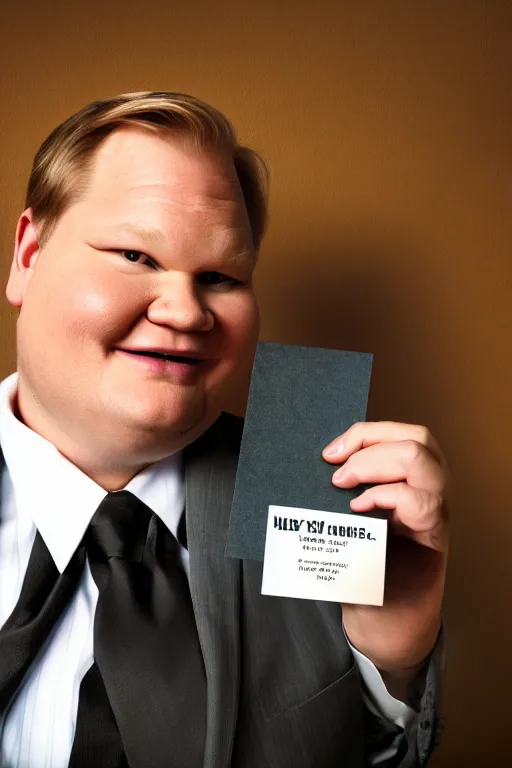 Image similar to andy richter in a brown suit and necktie, ultra hd photo, 3 5 mm close up, fish eye, realistic, smiling, holding a postcard from chicago