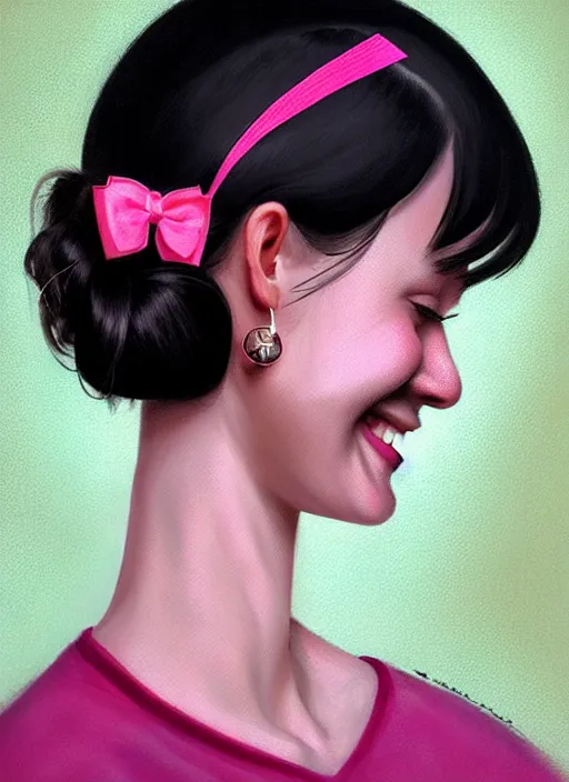 Image similar to portrait of high school girl, realistic, black hair, bangs, half updo hairstyle, pointy nose, skinny, smile, ugly, defined jawline, big chin, pink hair bow, earrings, intricate, elegant, glowing lights, highly detailed, digital painting, artstation, sharp focus, illustration, art by wlop, mars ravelo and greg rutkowski