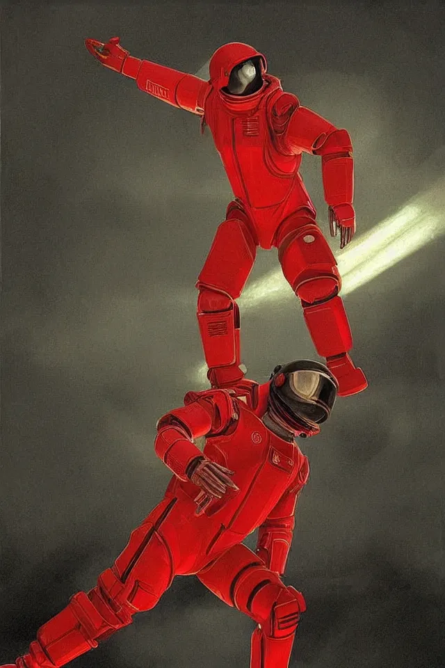 Image similar to CHAPPIE In A Red Adidas Track Suit, full figure, stormy weather, extremely detailed masterpiece, low-key neon lighting, artstation, 2001: A Space Odyssey, Roger Deakin’s cinematography, by J. C. Leyendecker and Peter Paul Rubens and Edward Hopper and Michael Sowa