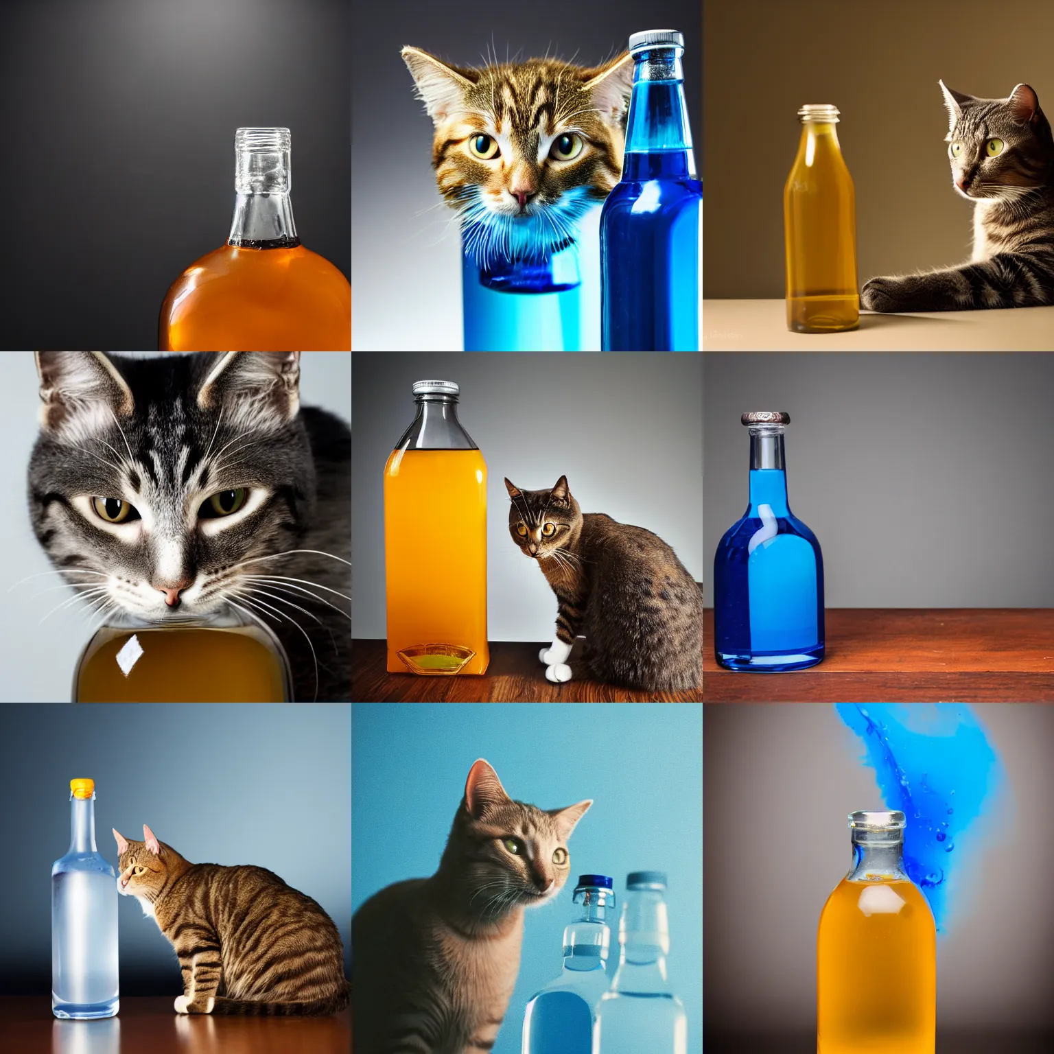 Prompt: cat staring at a bottle of apple juice with blue liquid, 35mm macro, studio lighting,