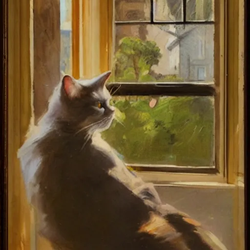 Prompt: a cat in the window smoking a cigarette with the sun shining, by anders zorn, oil painting