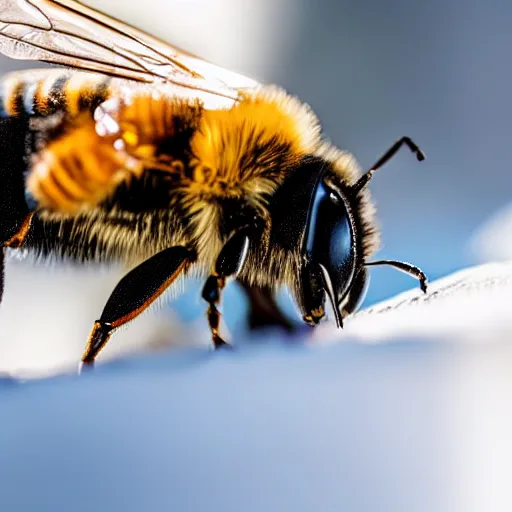 Prompt: a bee trying to reach a huge snowflake, beautiful macro photography, ambient light