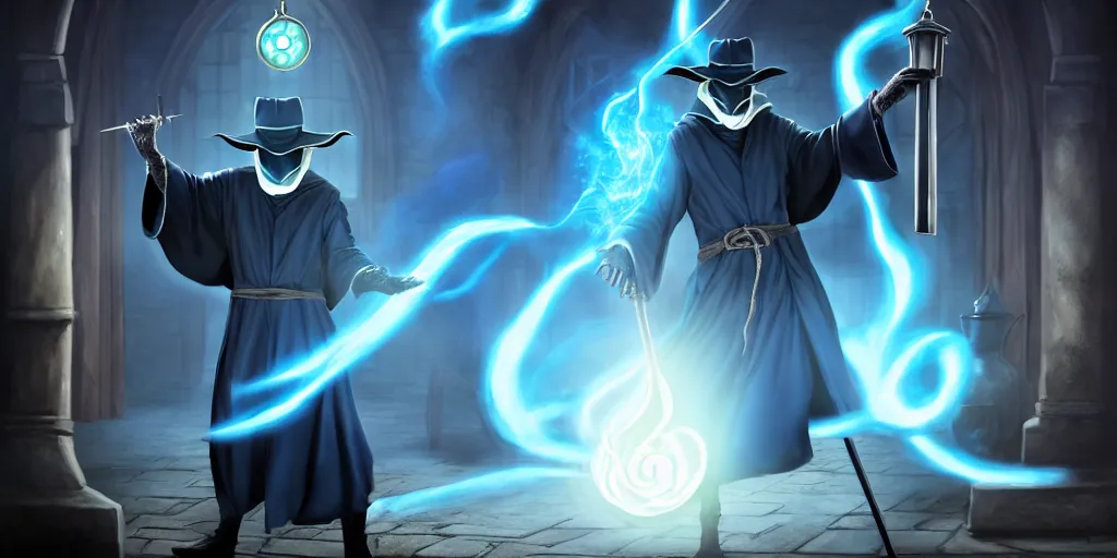 Prompt: action packed scene of a handsome plague doctor in a blue wizard robe who is a male sorcerer he is casting a spell that is emanating from his hands he is in a alchemist lab, action pose, medium shot, waist up, digital art, photoreal, 4 k, unreal engine 5, anime, d & d design, gta cover art