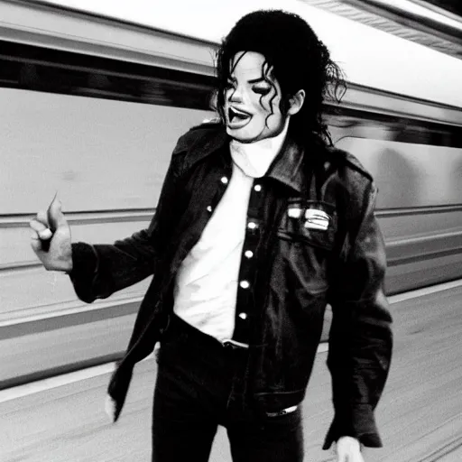 Image similar to michael jackson shouting, screaming, looking tired, in front of a train