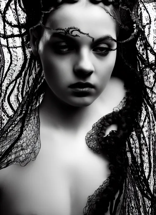 Image similar to surreal mythical dreamy dark artistic black and white fine art photo of a beautiful young female medusa - mermaid - cyborg covered with translucent algae, highly detailed, lace web, rim light, cinematic, studio dramatic light, poetic, octane render, 8 k, photo - realistic, by horst p. horst