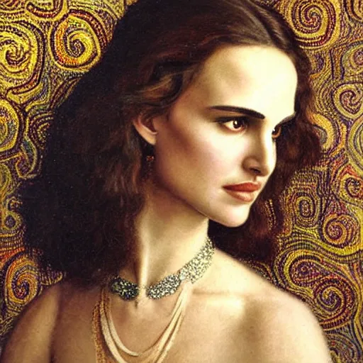 Image similar to a closeup portrait of a young natalie portman, art nouveau, jugendstil, decorative background, spirals, painted by klimt