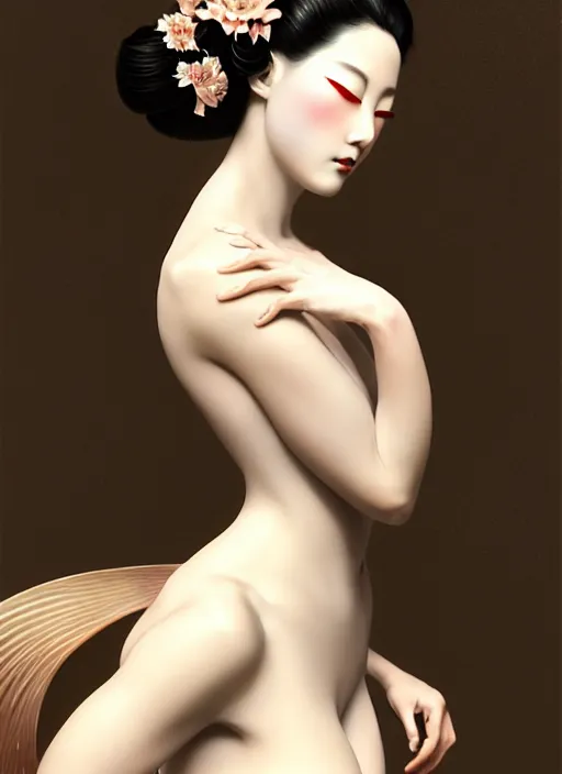 Image similar to organic seductive Geisha, pearlescent skin, diffuse lighting, fantasy, intricate, elegant pose, highly detailed, lifelike, photorealistic, digital painting, artstation, illustration, concept art, different point of view, smooth, sharp focus, art by John Collier and Albert Aublet and Leonardo da vinci and Moebius and Krenz Cushart