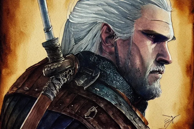 Prompt: a watercolour of Geralt from The Witcher by Josepth zbukvic