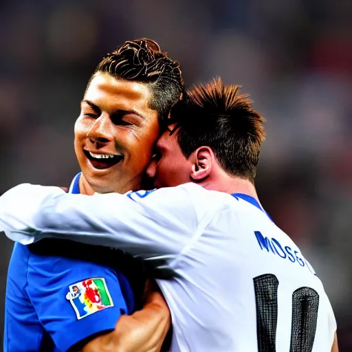 Image similar to christiano ronaldo crying while kissing leo messi's head. high definition. photography. high resolution