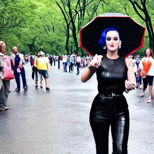 Prompt: katy perry wearing a 1 9 7 0's clothing, walking in central park, raining, photo, realistic, high detail,