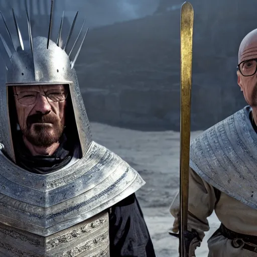 Prompt: walter white and gustavo fring dress like knights from game of thrones, fighting with swords, cinematic, highly - detailed, 8 k, hbo, game of thrones, realistic