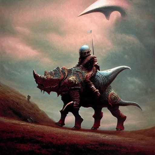 Prompt: triceratops rider in norse armor concept, beksinski