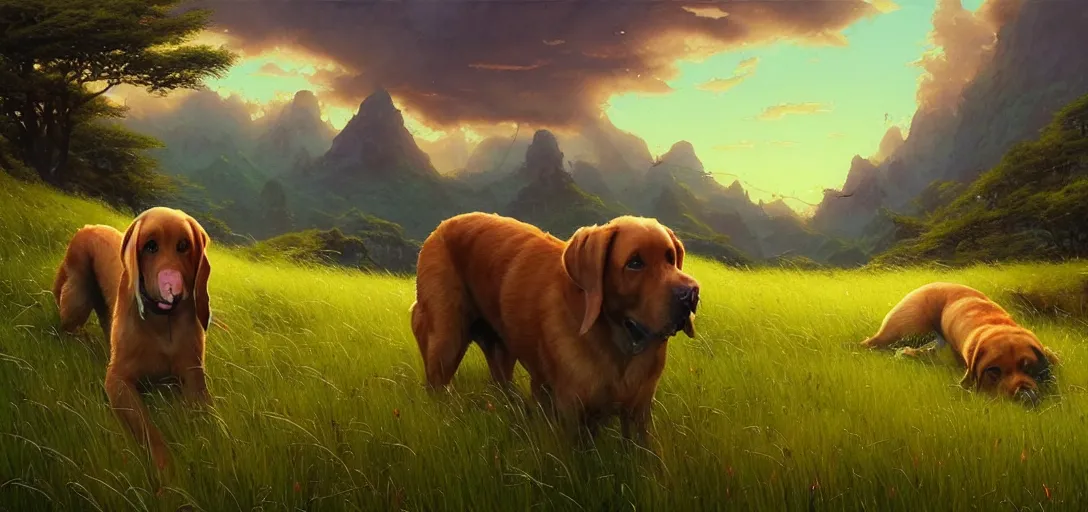 Prompt: breathtaking watercolor painting of massive grass - green labrador retrievers with shaggy green fur leaping through a lush valley of deep grass with a dramatic red sky, fantasy art by greg rutkowski, loish, rhads, ferdinand knab, makoto shinkai and lois van baarle, ilya kuvshinov, tom bagshaw, global illumination, radiant light