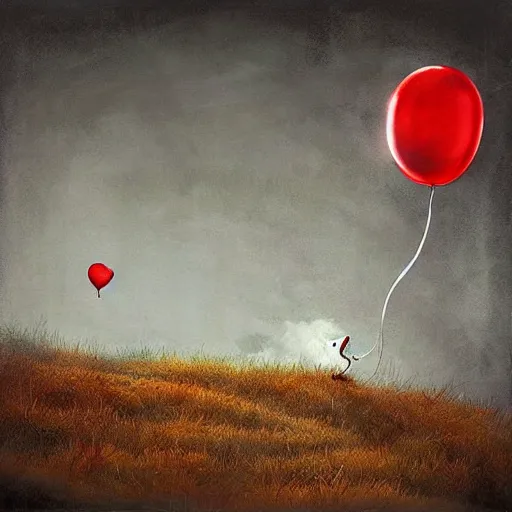 Image similar to grunge cartoon landscape painting of a cartoon bunny and a red balloon by - michal karcz, loony toons style, pennywise style, horror theme, detailed, elegant, intricate