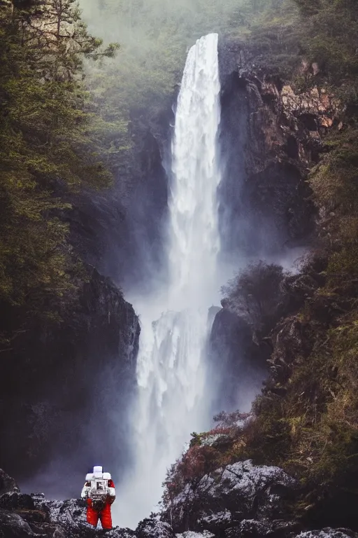 Prompt: photograph of an astronaut standing under a high waterfall, foggy, atmospheric