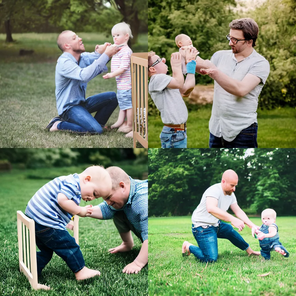 Prompt: A man with glasses catapults a one year old blond boy into a crib, professional photography, outside on a field