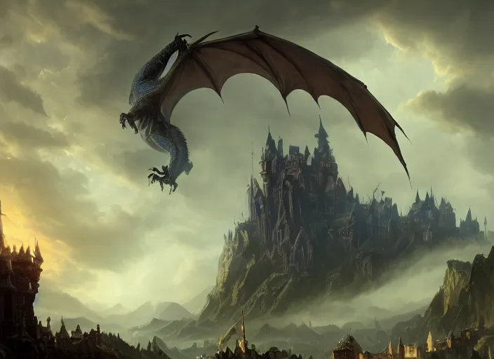 Prompt: dragon! looming over a fantasy castle, amazing masterclass portrait of the, hearthstone splash art, deiv calviz, splash art, natural light, elegant, intricate, fantasy, atmospheric lighting, by greg rutkowski, hearthstone splash art, hd wallpaper, ultra high details, cinematic composition, professional master piece made in one year