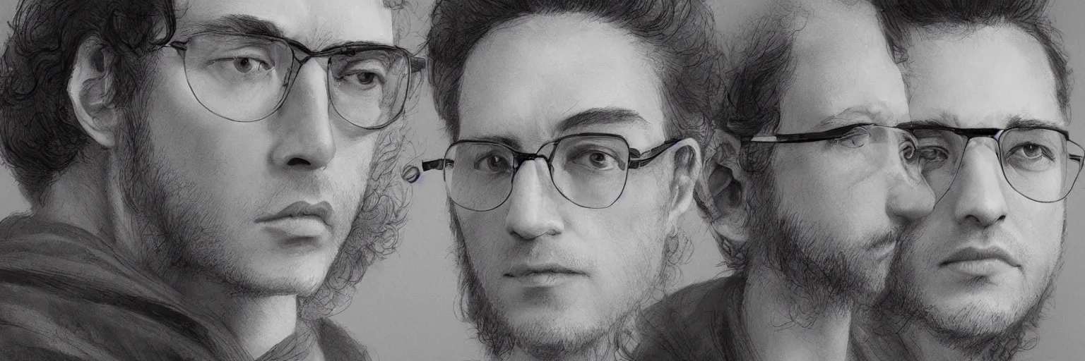 Prompt: character faces, realistic julian lage, clear julian lage face, glasses, geek, character sheet, fine details, concept design, contrast, kim jung gi, greg rutkowski and da vinci, trending on artstation, 8 k, emotional, face turnaround, front view, back view, side view, ultra wide angle