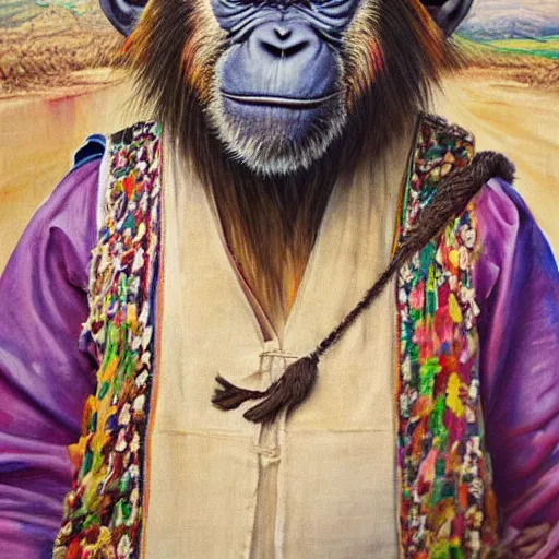 Image similar to beautiful painting by sophie anderson of a chimpanzee wearing traditional men kurdish clothes baggy pants and white shirt with a large sash tied around the waist in a kurdish village, award winning art, insanely detailed, bright colors, global illumination, cute, young, stunning