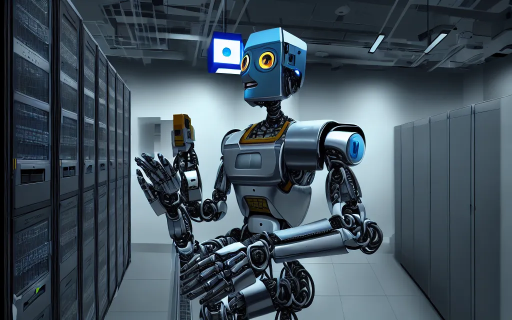 Image similar to portrait chappie robot in a data center, data center room, data, concept art, high detail, 4 k
