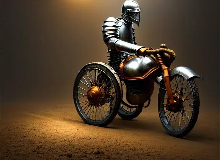 Image similar to knight in armor in a motorcycle dirt helmetin a wheelchair do tricks & watch old tv, rome, highly detailed, soft lighting, elegant, by edward hopper and james gillard, zdislaw beksinski, stephen outram, andreas m wiese, highly detailed, masterpiece. fashion studio lighting. edward _ hopp, unreal 6, 8 k