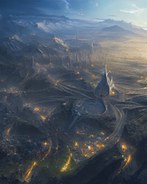 Prompt: gondor, aerial view by Leon Tukker, Makoto Kobayashi, 8k high detail, masterpiece, trending on ArtStation