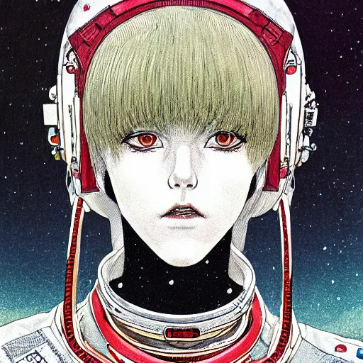 Prompt: portrait of female demon naraka astronaut painted in miyazaki color style drawn by katsuhiro otomo and takato yamamoto, high detail, intricate linework, sharp, monster face, perspective, manga and anime