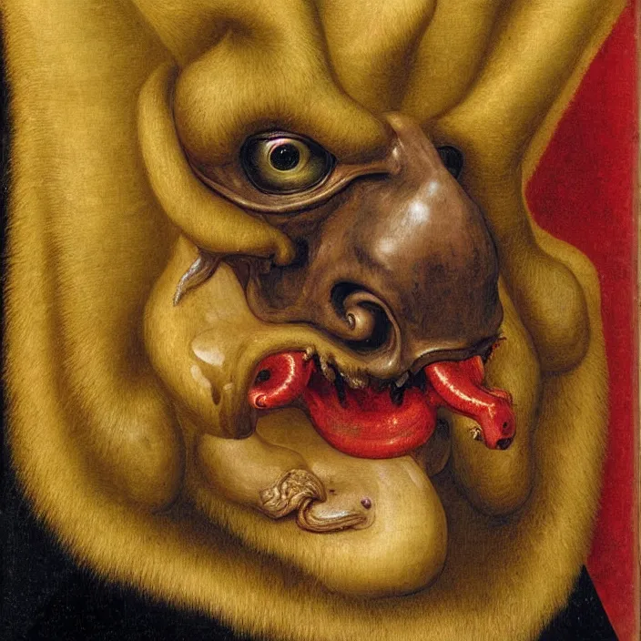 Prompt: close up portrait of a mutant monster creature with giant protruding eyes bulging out of their eye sockets, exotic orchid - like mouth, long colorful hair growing out of the nostrils, antelope horns. by jan van eyck, audubon