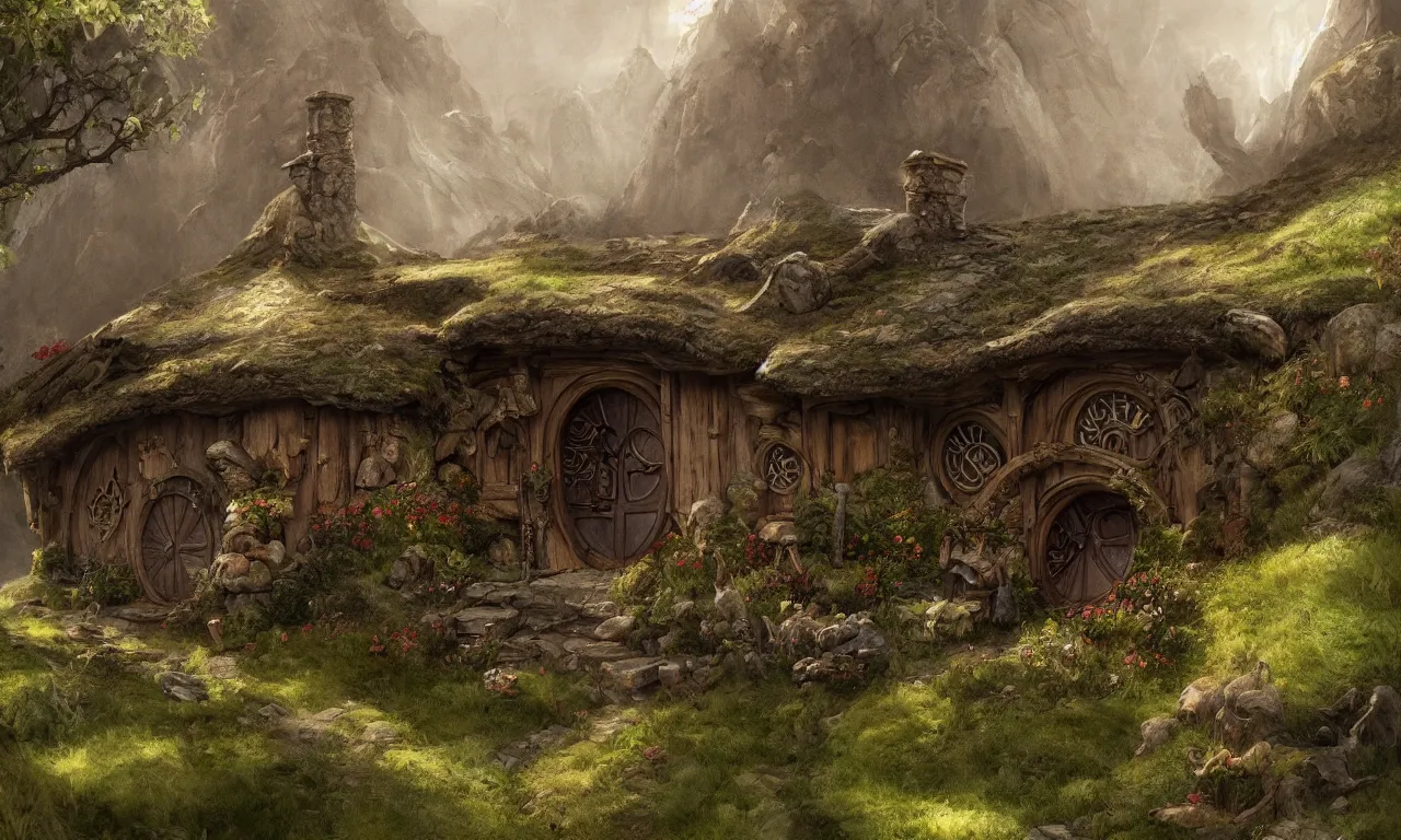 Image similar to The house of the Hobbit Bilbo Baggins, highly detailed, digital painting, artstation, concept art, smooth, sharp focus ilustration, Artstation HQ