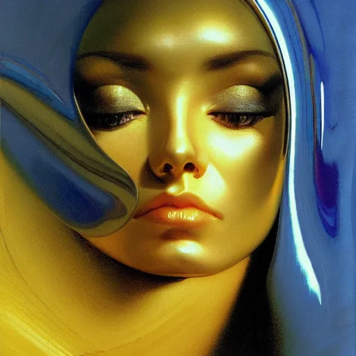 Image similar to a chrome woman's face in flowing sheets of cobalt blue gold chrome silver satin mirror foil, by moebius syd mead roger dean wojciech siudmak donato giancola yoshitaka amano michael cheval ivan aivazovsky jan de heem pieter claesz paul delaroche alma tadema aelbert cuyp, hyperrealistic volumetric light render