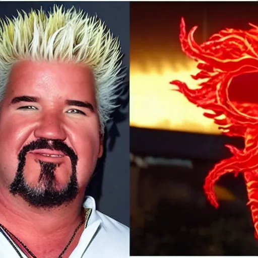 Prompt: Guy Fieri in Stranger Things, demogorgon, cinematic lighting, cinematic, red and black sky