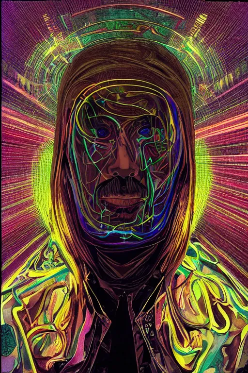 Image similar to A portrait of Thom Yorke as a cyberpunk wearing a bowler hat, iridescent highlights, surrounded by digital swirls, highly detailed, intricate, soft, sci-fi, sharp focus, glowing lines, art by Alphonse Mucha