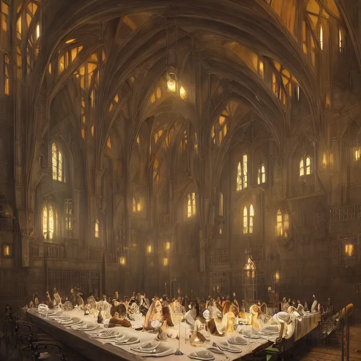 Image similar to interior view of hogwarts dining hall by tom bagshaw