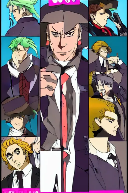 Prompt: Saul Goodman as a hardcore anime character, in the style of Jojo's Bizarre Adventure