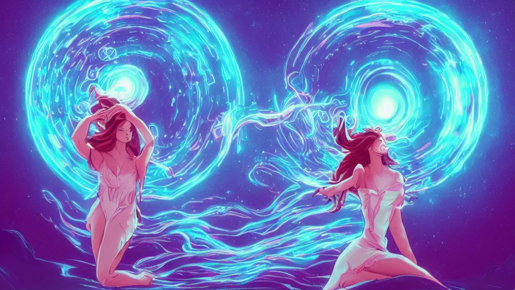 Prompt: a beautiful whimsical goddess floating above a lake basking in the moonlight, firebending, underneath a multi-colored binary blackhole with an accretion disc, glowing trails following her arms, synthwave, by Lois van Baarle, by Greg Rutkowski, by artgerm, by beeple, by studio ghibli, cinematic angle, volumetric lighting, 4k resolution, octane render, trending on artstation, masterpiece