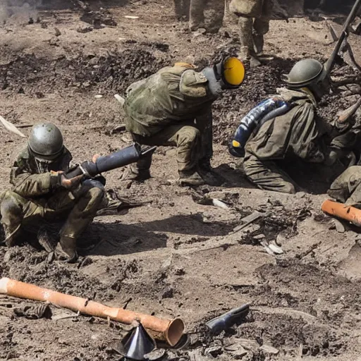 Image similar to minions firing a mortar from a mortar pit, debris and dirt flying from recoil, smoke, war photography