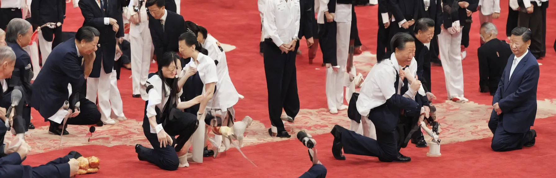 Image similar to Tsai Ing-wen kneeling down on knees before Xi Jinping standing, her mouth nearby his waist, Joe Biden kneeling down on knees behind her holding a hotdog, photorealistic, ultrarealistic photography, 8k